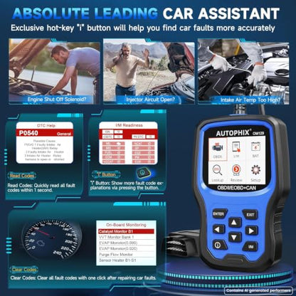 AUTOPHIX OM129P OBD2 Scanner with 12V Battery Test & Live Data | Check engine code reader with I/M readiness, O2/EVAP tests, DTC lookup and lifetime software updates included. - color: OM129-OBD2