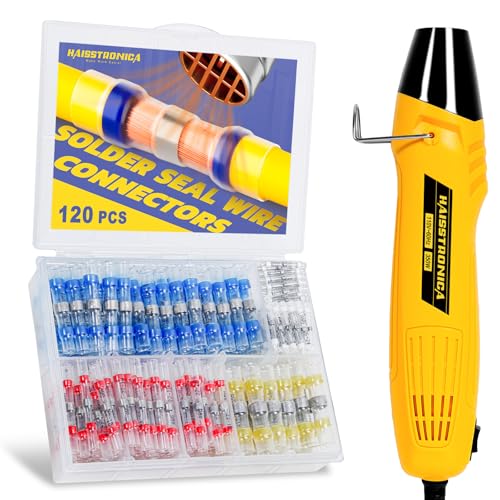 haisstronica 120 PCS Solder Seal Wire Connectors with Mini Heat Gun Kit, Waterproof Heat Shrink Wire Connectors, 10-26 AWG Solder Stick Wire Connectors for Automotive, Marine & Wiring Repair - size: 120PCS