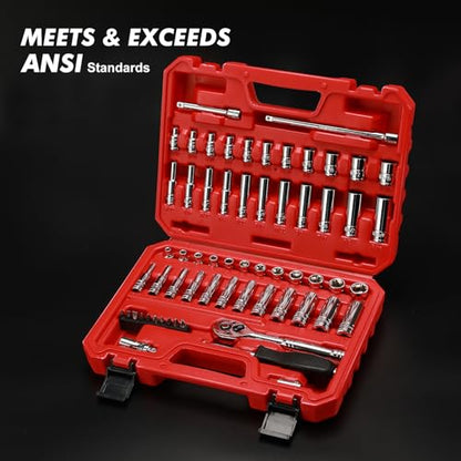 CASOMAN 1/4-Inch Drive Master Socket Set with Ratchets, Adapters, Extensions with 1/4’‘ Dr. Bits Set, Inch/Metric, 6-Point, 5/32-Inch - 9/16-Inch, 4 mm - 14 mm, 62-Piece 1/4" Dr. Socket Set