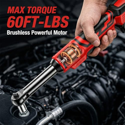21V Cordless Electric Ratchet Wrench Set 3/8", 60 Ft-Lbs Torque, 400 RPM Variable Speed Power Ratchet with 2×2.0Ah Batteries, Extended Neck, 7 Sockets, 1/4" Adapter & Extension Bar