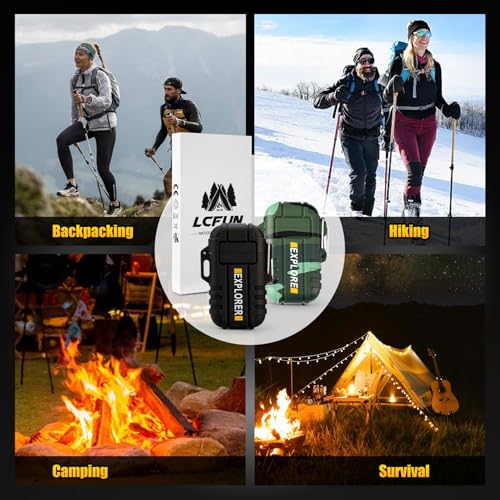 LcFun Electric Lighter Windproof Dual Arc USB Rechargeable Flameless Plasma Lighters Waterproof Matches for Camping Hiking Survival Tactical Gear Birthday Gifts for Men Husband - color: Black