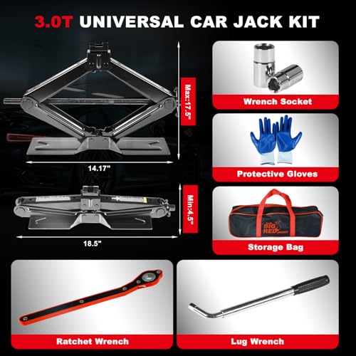 Big RED Car Jack 3Ton/6610 lbs Universal Scissor Jack with Rubber Pad, Portable Tire Changing Kit with Lug Wrench, Emergency Kit for Sedan SUV MPV - size: 3Ton
