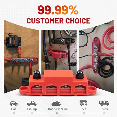 RED WOLF Bar Bus 4 x 3/8" Power Distribution Block, 3 x #8(M4) Screws Terminals Max 48V 150A Power Distribution Block Battery Buss Bar with Cover for Marine Automotive Solar Wiring