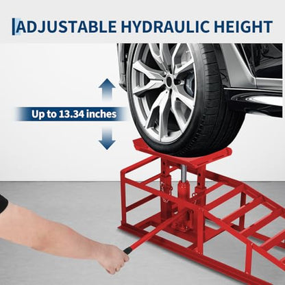 Jojoka Hydraulic Car Ramps, Heavy Duty Steel, 11000 LBS, Adjustable Low Profile Lift, 9.4-13.34 in Height, Garage Service Ramps for Oil Changes, Trucks & Cars, 2PCS - color: Red