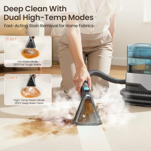 Portable Steam Carpet Cleaner Machine, 203°F High Temp & 18,000Pa Suction, 4 Cleaning Modes, Deep Stain & Odor Removal, Dual Tank Spot Cleaner for Pet Messes, Upholstery, Stairs & Car Detailing