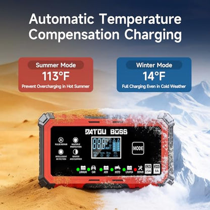 DATOUBOSS Battery Charger 15-Amp 12V/24V Smart Car Battery Charger, Trickle Charger & Maintainer with Pulse Repair, for Lead-Acid AGM LiFePO4 Lithium Batteries, for Car Truck Boat (12V 15A/24V 8A)