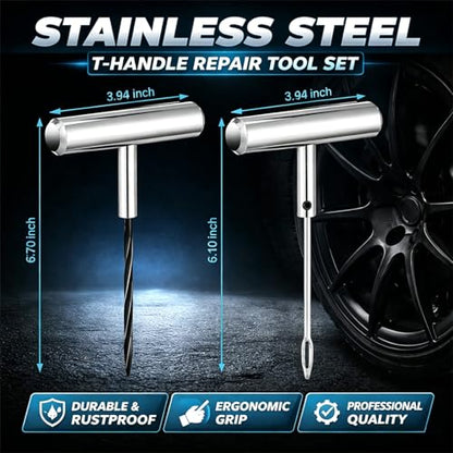 Auto Stainless Steel Solid T-Handle Set - Pro Heavy Duty Spiral Probe & Split Eye Needle Tire Repair Set for Tire Plug Kits & Patch/Fix Tire Plugs