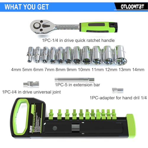 OTLOOMTBT 15PCS 1/4" Drive Socket Set, Metric Ratchet Wrench Kit | Quick Release Ratchet with 4-14mm Sockets, Extension Bar & Universal Joint for Auto Repair, DIY Projects and Home Maintenance - style: 1/4 Inch Drive 15PCS