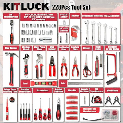 KITLUCK 228-piece Home Tool Kit, Household Hand Repair Tool Set for men, Portable Tool box Set with Tools (Screwdriver, Wrench, Plier, Socket, Harmer, Hex Key, Rule, Saw, Knife, etc.) for Home and Car - size: 228Pcs