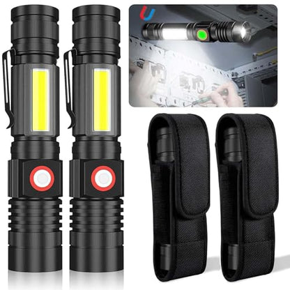 Hoxida USB Rechargeable Flashlight, Magnetic LED Flashlight, Super Bright LED Tactical Flashlight with Cob Worklight,Waterproof,Zoomable Small LED Flashlight for Camping, Flashlight with Holsters - color: 2pack flashlight with holster
