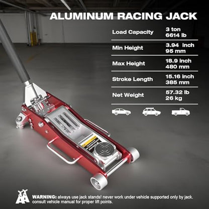 Big RED 3 Ton Low Profile Full Aluminum Racing Floor Jack with Dual Piston Quick Lift Pump, 6000 lb Capacity, Lift Range 3.74"-18.90", Lightweight Design, Red - style: Aluminum