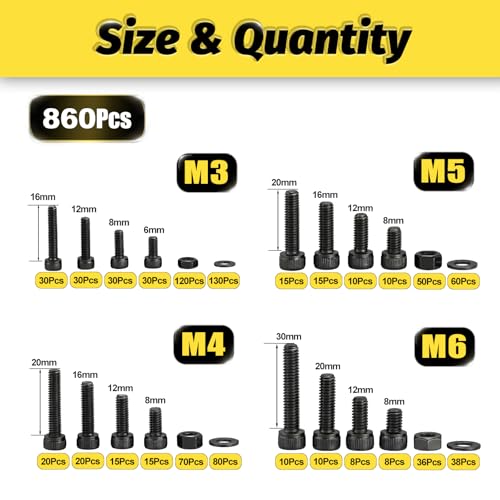 Kadrick Metric Screws Assortment,860PCS M6 M5 M4 M3 Screw Kit, Suitable for 3D Printing DIY,Hex Socket Head Cap Bolts Nuts and Washers Kit, Grade 12.9 Alloy Steel, Black Zinc Plated,Anti Rust Upgrade - size: M3-M6 860Pcs