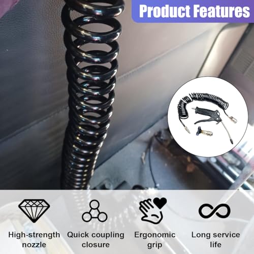 Air Blow Gun Kit, Heavy Duty Seat Blow Spray Tool with 16FT Long Coil Air Hose & T Adapter, Pneumatic Duster Gun Cleaning Nozzle Kit for Cars, Trucks, Semi Trailers