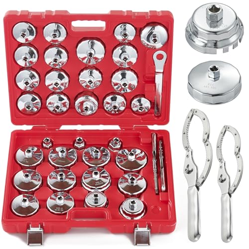 35PCS Oil Filter Wrench Set, 1/2" Drive Cup Type, Stainless Steel | Stainless Steel 1/2 Inch Drive Cup Type Remover Tool with Drain Plug Sockets for Car, SUV(Red-35PCS) - color: Red