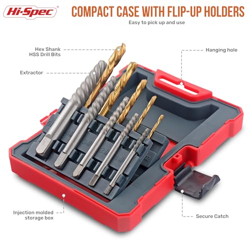 Hi-Spec Screw Extractors & HSS Drill Bit Set Easy Out Studs and Bolts | 10pc, faster bit changes, labeled storage, cleaner drilling and driving, portable case, workshop-ready layout, quick setup