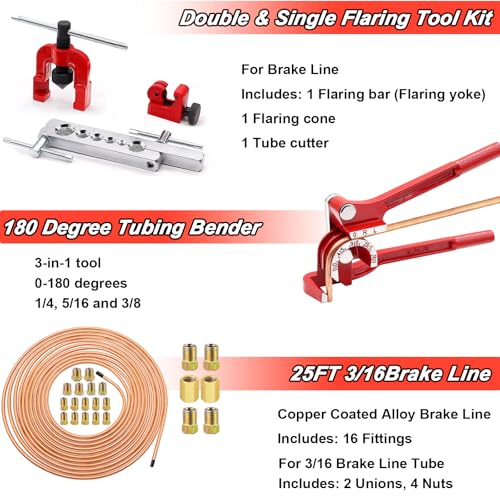 Tnisesm 3/16Inch Brake Line kit Include Copper-Plated Brake Lines with Fitting (16Pcs Fittings,2Pcs Unions+4Pcs Nut) Brake line Bender Single Flare Tool,Cutter 3/16Inch Brake line kit - style: 3/16 Gold Brake Line Kit with Tube Bender