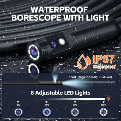 Dual Lens Endoscope Camera with Light, 1920P HD Borescope Camera with 4.3" LCD, 8 Adjustable LEDs, 16.4FT Semi-Rigid Cable & 32GB Card-IP67 Waterproof Inspection Borescope for Sewer/Drain/Pipe(Black)