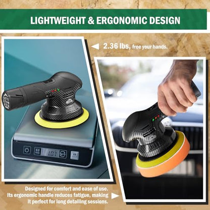 BATOCA 2026S3 Cordless Car Buffer Polisher, 2x2.0Ah 11.1V Lithium-ion Rechargeable Battery Powered Polisher with 6 Variable Speed, DA Orbital Buffer for Car Detailing, Polishing, Waxing, Carbon Style | Long motor life, Battery Powered Polisher, Lightweigh