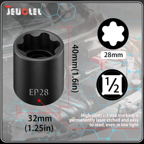 EP Socket EP28, 6 Point 1/2” Dr Female External E-Torx Plus Socket | EP Socket, Female External, E-Torx Plus Socket, External, Cr-V Steel, High Deformation Prevention - size: EP28