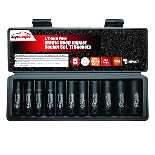 EPAuto 1/2-Inch Drive Metric Deep Impact Socket Set, 6 Points, 11 Sockets | 1/2-Inch Cr-V, 6 Points, 11 Sockets
