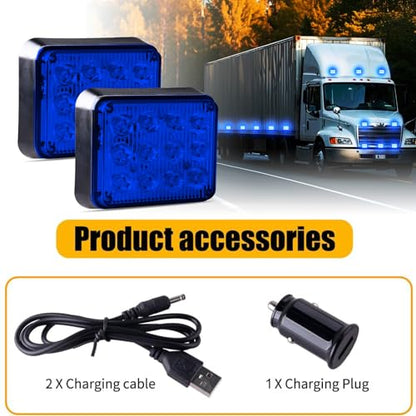 2PCS Rechargeable Flashing Lights 12-LED Blue Beacon Strobe Lights | Battery Powered Warning Emergency Caution Lights, Magnetic Strobe Lights for Trucks Vehicles Trailers Car ATV Van RV SUV - color: Blue