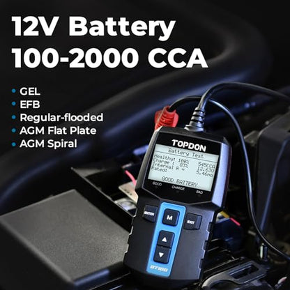 TOPDON BT100 Car Battery Tester 12V Load Tester, 100-2000 CCA Automotive Alternator Tester Digital Auto Battery Analyzer Charging Cranking System Tester for Car Truck Motorcycle ATV SUV Boat Yacht