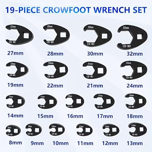 19-Piece Crows Foot Wrench Set, 3/8 and 1/2-Inch Drive, Metric 8-32 mm | Flare Nut Crowfoot Wrench Set Compatible with Ratchets for Automotive Repair and Maintenance