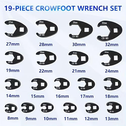 19-Piece Crows Foot Wrench Set, 3/8 and 1/2-Inch Drive, Metric 8-32 mm | Flare Nut Crowfoot Wrench Set Compatible with Ratchets for Automotive Repair and Maintenance