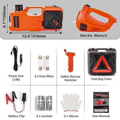 ROGTZ Electric Hydraulic Car Jack Kit with Impact Wrench and Tire Inflator Pump, 5 Ton 12V Hydraulic Jack for SUV Sedans Tire Change with LED Light - color: Orange+Wrench