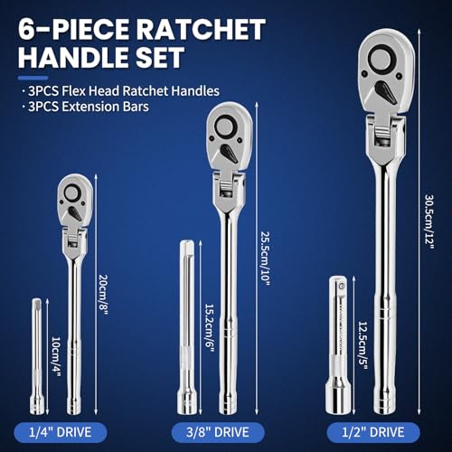 6-Piece Flex Head Ratchet Set, 1/4 3/8 1/2 Inch Drive, 72-Tooth 180° Swivel Head with Quick-Release, Includes Extension Bar & EVA Storage Case for Auto & DIY Repairs - color: 6pcs