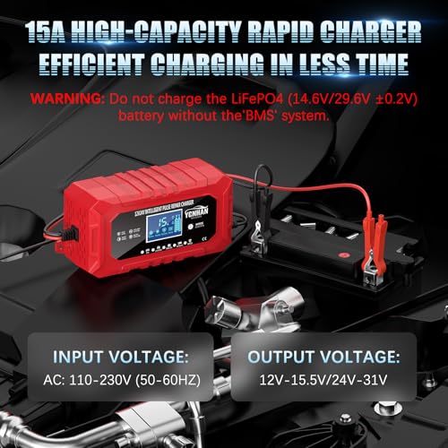 YONHAN 15A Battery Charger, 12V/24V LiFePO4 & Lead Acid Car Battery Charger, 9-Stage Trickle Charger with Temp Compensation, Automotive Battery Maintainer for Car Truck Motorcycle Lawn Mower Boat(Red)