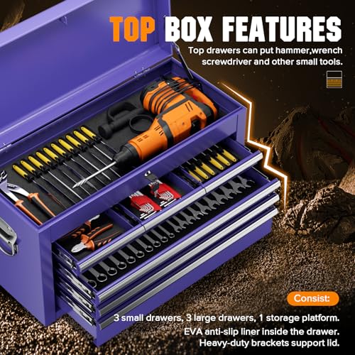 Oakcloud Lockable 8-Drawer Rolling Tool Chest & Cabinet Combo with Black Liner – Heavy-Duty Steel Garage Tool Box on Wheels – Detachable Top Toolbox & Bottom Storage Cart with Side Hooks, Purple - color: Purple, size: 8-Drawer
