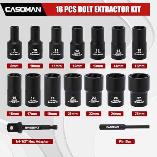 CASOMAN 16PCS 1/2" Drive Impact Bolt and Nut Extractor Socket Set, Stripped Lug Nut Remover Include Hex Shank Adapter & Pin Bar, for Removing Damaged Rusted Broken Rounded Fasteners off, CR-MO, Metric - size: 16-Piece
