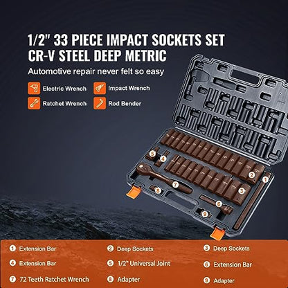 VEVOR Impact Socket Set 1/2" Drive, 33-Piece SAE (3/8 to 1 inch) & Metric (10 to 24 mm) Size, CR-V, 6 Point Standard Deep Socket Set with Extension Bar, Universal Joint, Adapter, Reducer - style: 1/2" 33PCS