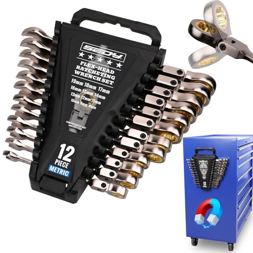 SEDY Premium 12-Piece Metric Flex-Head Ratchet Wrenches Set 8-19mm with Magnetic Organizer, Cr-V Steel Ratcheting Wrench Set with 72 Teeth 180° Flex Head, Ratchet Combination Wrench Set for Repair - style: 12-Piece Flex-Head (Metric)