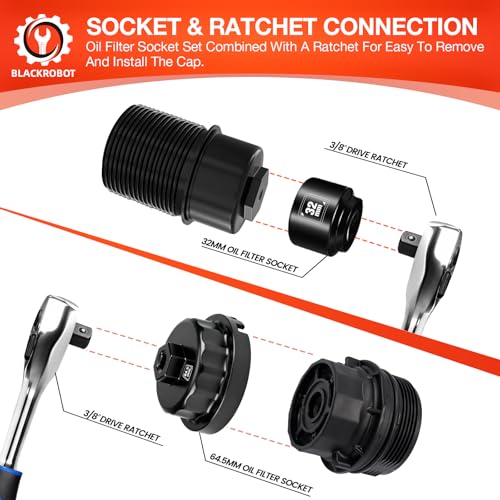 BLACKROBOT 10-Piece 3/8” Drive Oil Filter Socket Wrench Set, Metric Low Profile Oil Filter Sockets with 72-Tooth Ratchet, Oil Filter Cap Remover and Installer Tool Set - size: 24mm-64.5mm