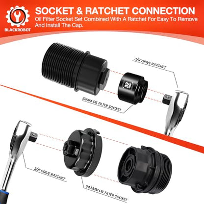 BLACKROBOT 10-Piece 3/8” Drive Oil Filter Socket Wrench Set, Metric Low Profile Oil Filter Sockets with 72-Tooth Ratchet, Oil Filter Cap Remover and Installer Tool Set - size: 24mm-64.5mm