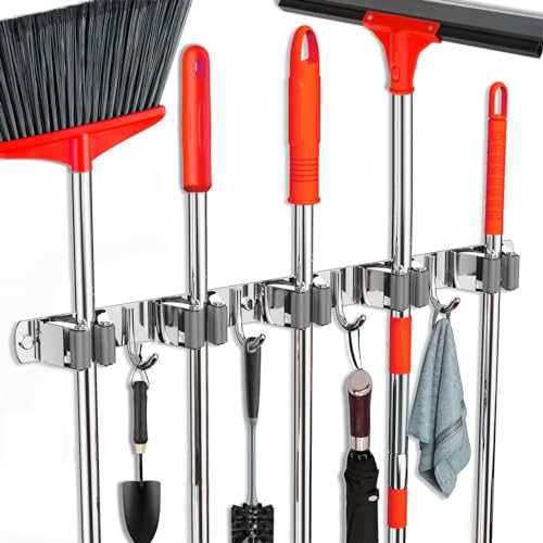 Mop and Broom Holder Wall Mount, Upgraded Broom Hanger Wall Mount, Stainless Steel Broom Organizer for Closet Garage Laundry Room Kitchen Wall Decor(5Racks 4Hooks Silver) - color: Silver, size: 5Racks 4Hooks