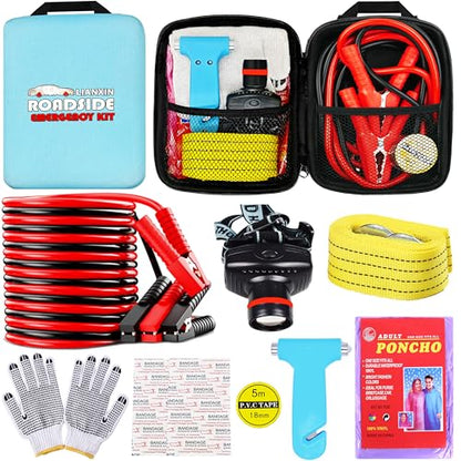 Auto Emergency Kits Vehicles with Jumper Cables headlamp Car Safety Kits | Car Emergency Roadside Tool Kit Tow Straps, Safety Hammer, Rainwear, Multi-tool Kit, Breakdowns Gifts for New Drivers - color: Sky Blue