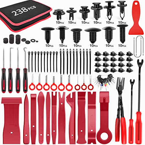 GOOACC 238Pcs Auto Trim Removal Tool and Push Pin Retainer Clip Set | Fastener Terminal Remover Tool Adhesive Cable Clips Panel Remover Kit Car Panel Radio Removal Auto Clip Pliers - color: 120Pcs Clips + 118 Remover Red