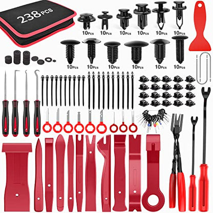 GOOACC 238Pcs Trim Removal Tool, Auto Push Pin Bumper Retainer Clip Set Fastener Terminal Remover Tool Adhesive Cable Clips Pry Kit Car Panel Radio Removal Auto Clip Pliers - color: 120Pcs Clips + 118 Remover Red