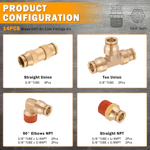 14 Pcs 3/8" Brass DOT Air Line Fittings Kit 1/4" 3/8" DOT Push Lock Air Fittings NPT Thread & Quick Connect Air Hose Fittings Kit - color: Gold-14PCS3/8"