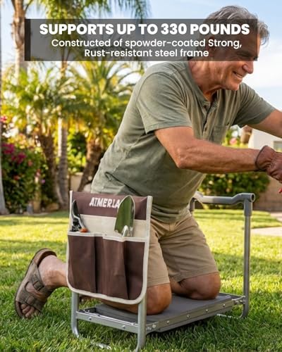 Aimerla Foldable Garden Kneeler Seat Heavy Duty [Upgraded Widened Thick Kneeling Pad] Garden Stool with Large Garden Tool Bags with Pockets - Portable Garden Bench Gardening Gifts for Parents - size: K3-Brown
