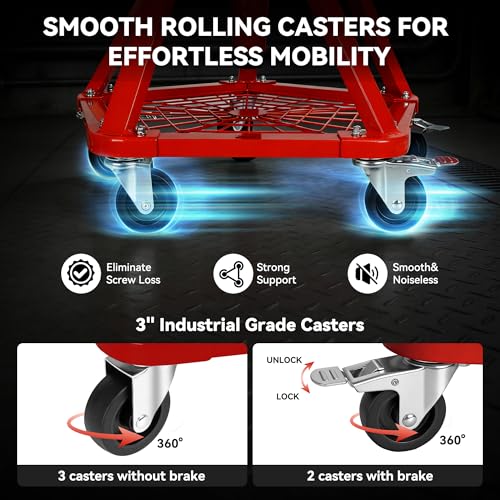 Rolling Shop Stool with Wheels and Adjustable Pneumatic Mechanic Stool, Heavy Duty Garage Stool & Shop Chair with Storage Tray, 300 lbs Capacity