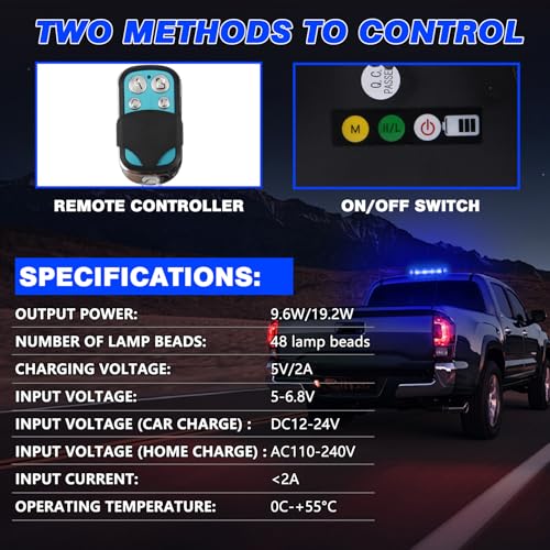 Rechargeable Blue Emergency Roof Top Strobe Light Wireless Battery, 48LED 17 Flashing Modes,High Low Brightness,Hazard Traffic Lights w/Magnetic Base, Remote Control for Construction Vehicles - color: Blue