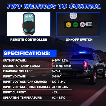 Rechargeable Blue Emergency Roof Top Strobe Light Wireless Battery, 48LED 17 Flashing Modes,High Low Brightness,Hazard Traffic Lights w/Magnetic Base, Remote Control for Construction Vehicles - color: Blue