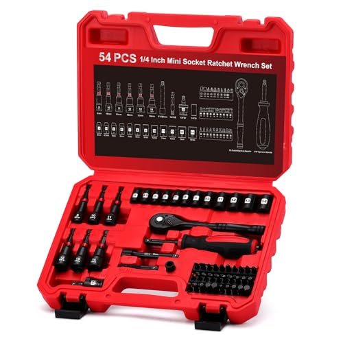54 Piece 1/4" Mini Socket Ratchet Wrench Set, Magnetic Nut Driver Set, Metric Shallow Socket (4-14mm), 6-Point, Mini Ratcheting Wrench, Screwdriver Bit, Universal Joints and 3" Extensions