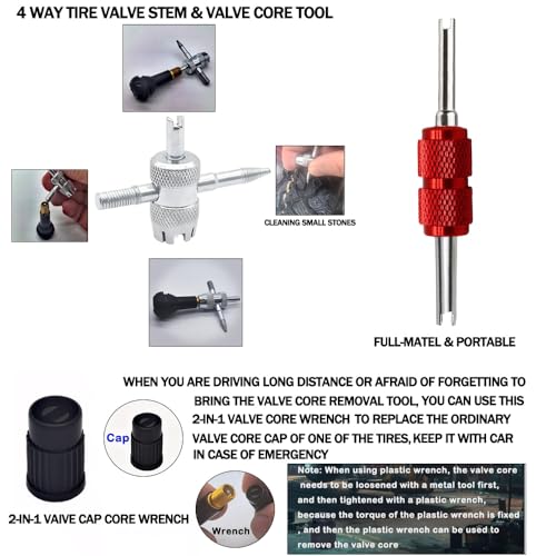 Valve Stem Removal Tool with Heavy Duty Hook & Longer Puller,Tire Valve Stem & Core Replacement Installation Tool Kit,without Tire Removal,Tire Pressure Checking, for Cars Motorcycles Lawn Mowers ATVs