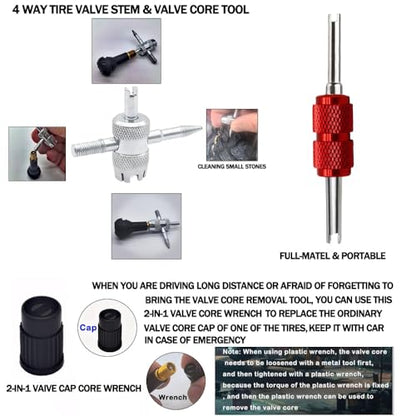 Valve Stem Removal Tool with Heavy Duty Hook & Longer Puller,Tire Valve Stem & Core Replacement Installation Tool Kit,without Tire Removal,Tire Pressure Checking, for Cars Motorcycles Lawn Mowers ATVs