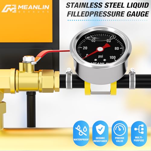 MEANLIN MEASURE 0-100Psi Stainless Steel Glycerin Filled Pressure Gauge 1/8" NPT 1.5" Black Dial, with 3/8" Barb Pressure Adapter Liquid Filled Pressure Gauge (9Pieces Kit, Back Mount) - size: 0-100Psi (Black Dial)